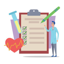 Healthcare professional in lab coat presenting health assessment checklist. Checklist marked with checks, and heart with ECG line visible alongside test tube Healthcare professional in lab coat presenting health assessment checklist. Checklist marked with checks, and heart with ECG line visible alongside test tube