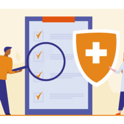 Patient studying medical checkup list Patient studying medical checkup list. Checklist, doctor, shield flat vector illustration. Healthcare, examination, medicine concept for banner, website design or landing web page