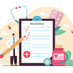 Tiny doctor giving health insurance. Hospital man with pencil filling in medical form flat vector illustration. Healthcare, money security concept for banner, website design or landing web page Tiny doctor giving health insurance. Hospital man with pencil filling in medical form flat vector illustration. Healthcare, money security concept for banner, website design or landing web page