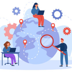 Global outsourcing flat vector illustration. Woman sitting on globe with laptop, man looking for employees with loup and woman working at desk. Outsource, recruitment, teamwork concept Global outsourcing flat vector illustration. Woman sitting on globe with laptop, man looking for employees with loup and woman working at desk. Outsource, recruitment, teamwork concept