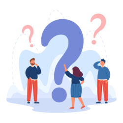 Tiny cartoon business people standing around huge question mark. Male and female persons asking for help or answers flat vector illustration. Communication, solution concept for banner, website design Tiny cartoon business people standing around huge question mark. Male and female persons asking for help or answers flat vector illustration. Communication, solution concept for banner, website design